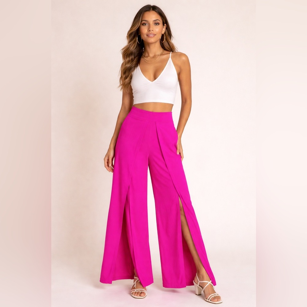 Hot Pink Wide Leg Pants with Front Slit - Size 32